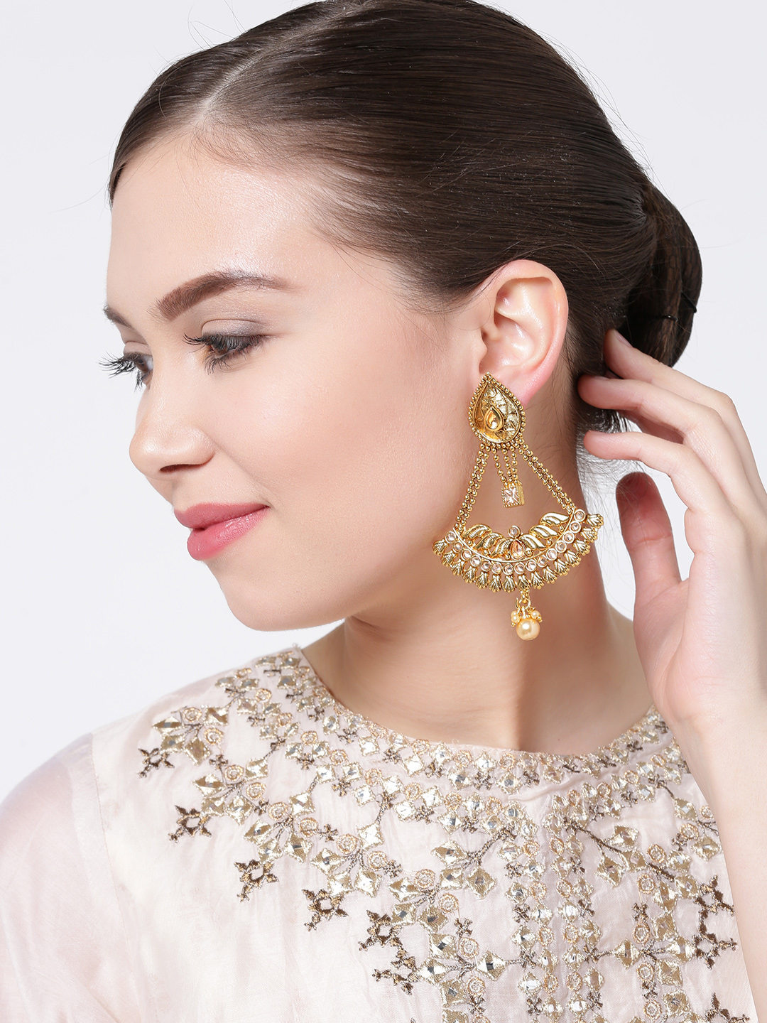 YouBella Gold-Toned Crescent Shaped Drop Earrings